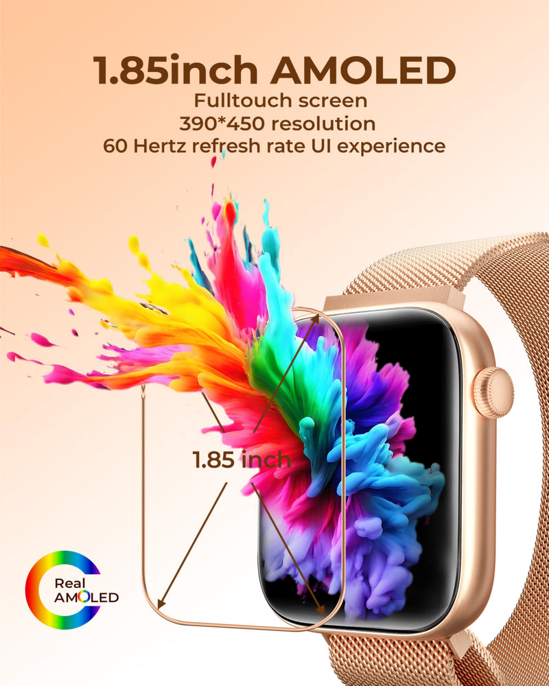 Smart Watch for Men/Women, 1.85" AMOLED Touchscreen, Make/Answer Calls, Fitness Tracker with Heart Rate, Blood Oxygen, Sport Modes, Waterproof Watches Compatible with Android & iPhone(4 Watch Bands) Rose Gold