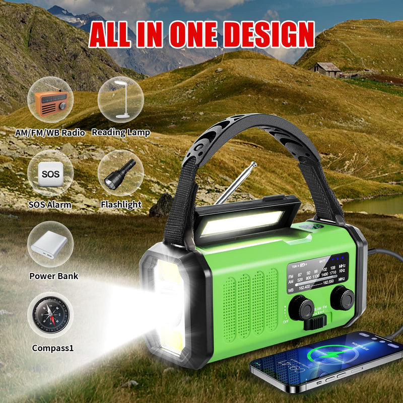 10000mAh Emergency Radio, Crank Radio, Solar Radio, NOAA/AM/FM Weather Radio, Type-C Charging Portable Radio, 3 Mode Flashlight, 5W 700LM Reading Lamp, SOS, Compass for Camping grass green