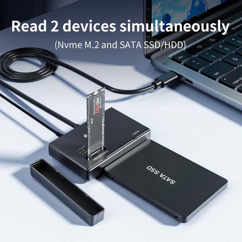 SUIDEK M.2 NVMe & SATA to USB C Adapter, 10Gbps External SSD Enclosure | Tool-Free Hard Drive Reader Compatible with M.2 (M Key & M+B Key) Any Sizes & 2.5/3.5" SATA SSD, Include 12V/2A Power Adapter Black