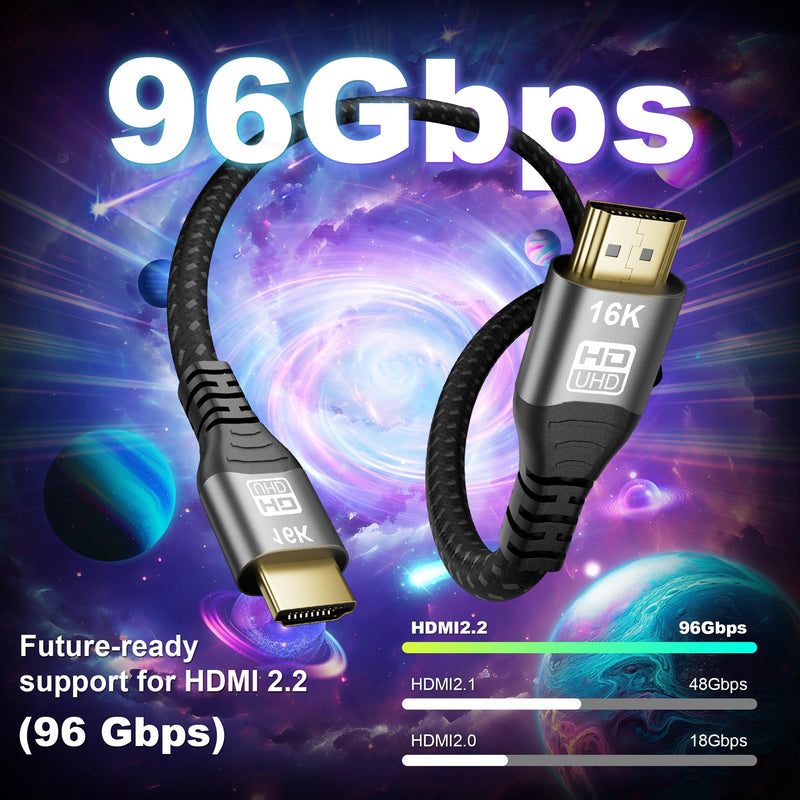 16K 10K 8K HDMI 2.2 Cable 16FT, 96Gbps Ultra High Speed HDMI Braided Cord, Support 16K@60Hz 8K@60Hz 4K@120Hz eARC HDCP 2.2&2.3 HDR10+ Dolby for PS5 PlayStatio5 Xbox Series X Apple TV 4K 5M/16Feet