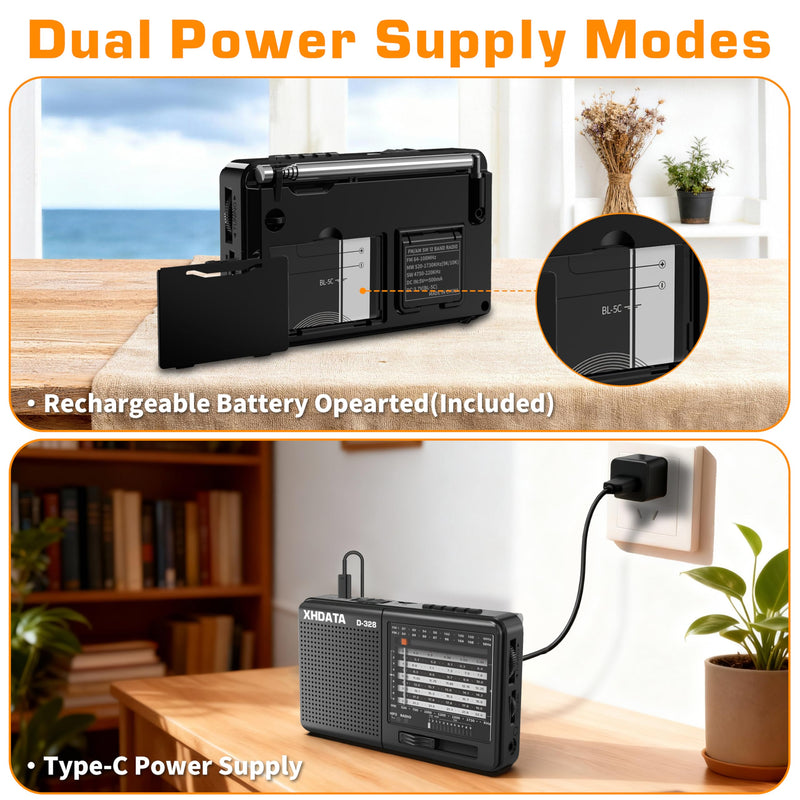 [AUSTRALIA] - XHDATA D-328 Shortwave AM FM DSP Portable Small Multi Band Radio Stereo MP3 Player with Rechargeable Battery Earphone Jack Portable Multimedia Speaker with USB Micro SD Card Jack (Black) Glossy Black 