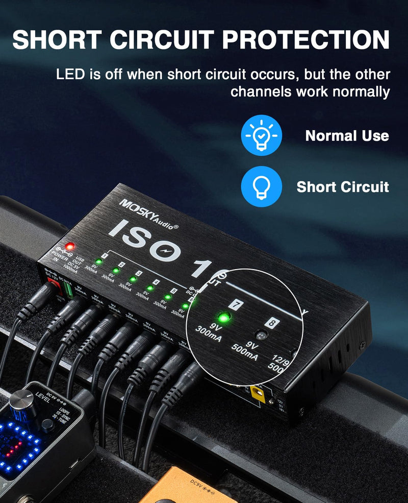 Mosky Guitar Pedal Power Supply 10 Isolated DC Output, 9V 12V 18V 300mA 500mA Effect Pedal Boards Power Supply with USB Port, Short Circuit Overcurrent Protection 1345