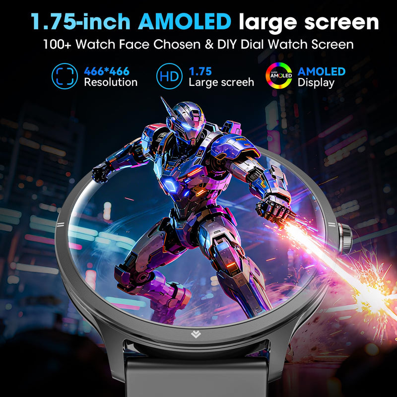 Smart Watches for Women Men, 1.75" AMOLED Smart Watch with Bluetooth Calling, Fitness Tracker with Heart Rate Sleep Monitor, IP68 Waterproof, 100+ Sports Modes, Compatible with iPhone Android Black