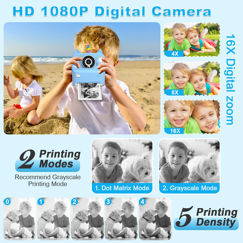 Instant Print Camera for Kids - Christmas Birthday Gift Toy for Girl Boy Age 3-9, Children Selfie Digital Cameras with Cartoon Soft Silicone Cover, Print Black White Photo with 32GB Card (Blue) Blue