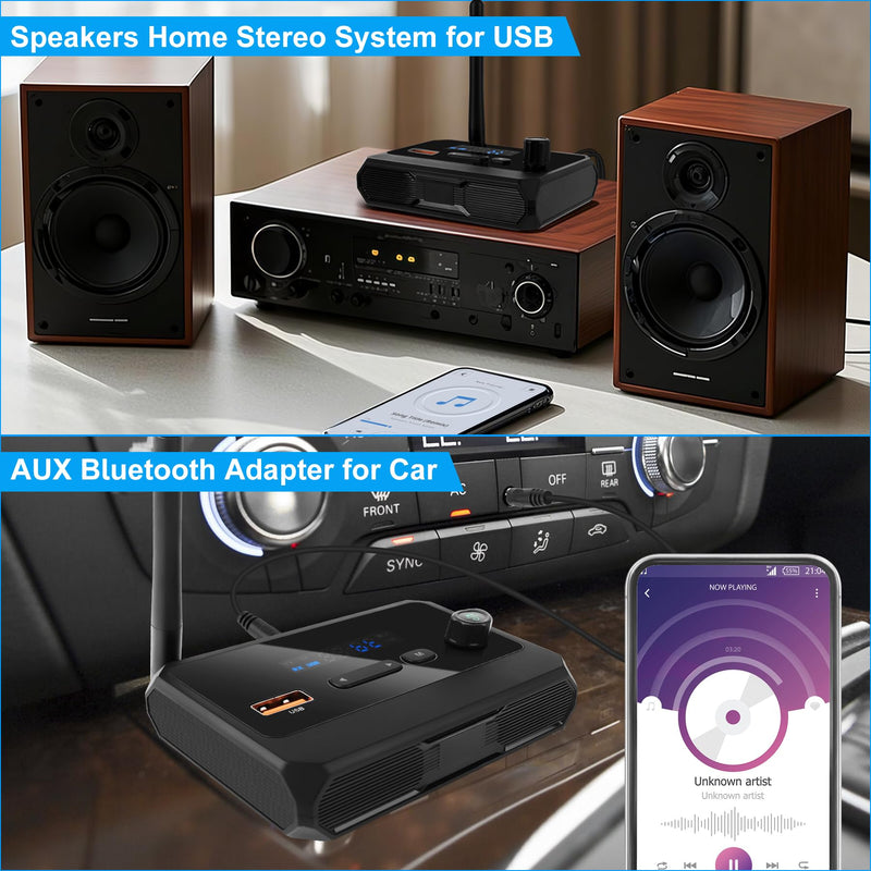 FancyWhoop Bluetooth 5.3 Receiver for Home Stereo, RCA Bluetooth Adapter, Optical AUX 3.5mm Low Latency HD Music Audio, RCA Adapter for Speakers Home Music Streaming Stereo System, AUX/USB