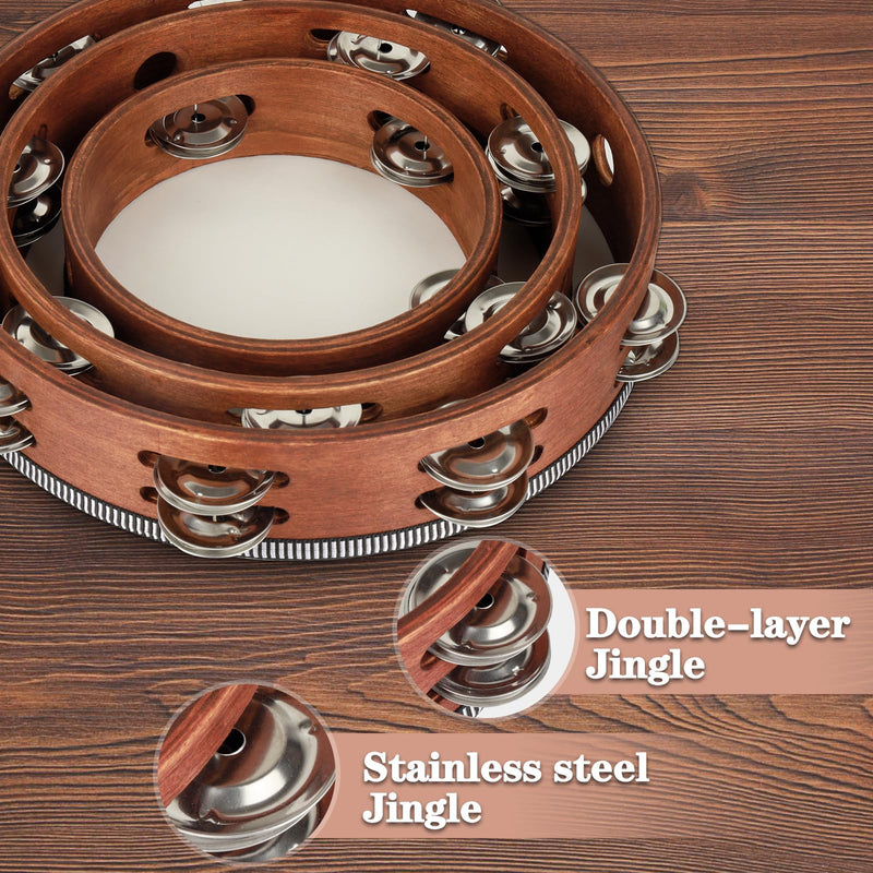 Wooden Hand Held Percussion Tambourine with Storage Bag - 6+8+10 Inches, Ideal for Church, Wedding, Party, Dance, Photo Shoot 6"+8"+10"