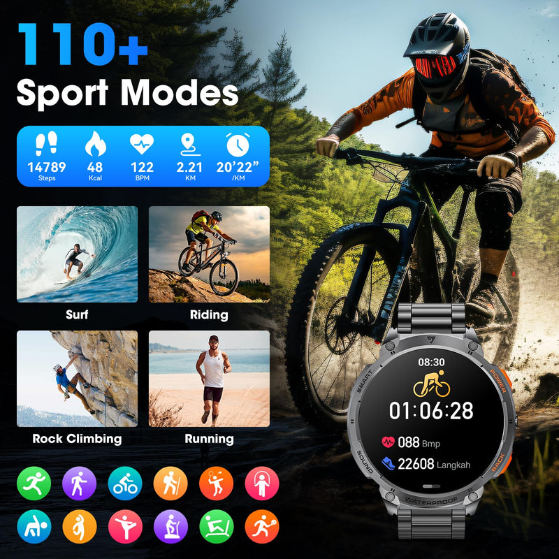 Military Smart Watch for Men 1.85" HD Touch Screen 730mAh Battery Smart Watches with LED Flashlight for Android iOS （Bluetooth Call Answer/Dial Calls） Fitness Tracker with Heart Rate Blood Obsidian Black
