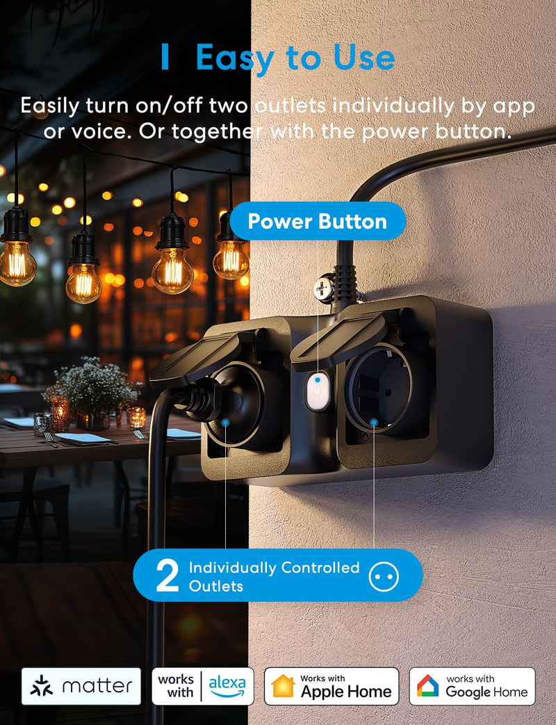 Meross Matte WiFi Socket Outdoor with Current Measurement, Smart Socket Electricity Meter for Balcony Power Station Outdoor Socket Waterproof IP44, Works with HomeKit, Alexa and Google, 16 A, 1.5 m Matte outdoor socket