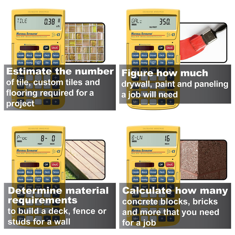 Calculated Industries 4019 Material Estimator Calculator | Finds Project Building Material Costs for DIY’s, Contractors, Tradesmen, Handymen and Construction Estimating Professionals,Yellow | Building Materials Quantities and Costs for DIY’s, Contracto...