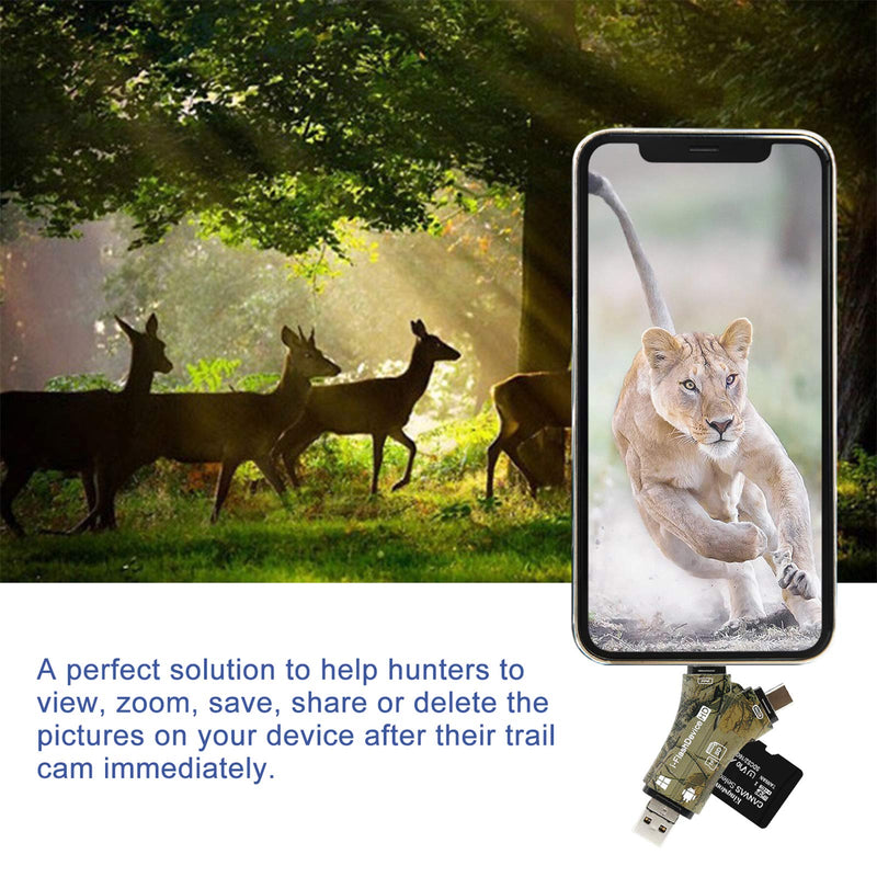 Liplasting Trail Camera Viewer SD Card Reader for iPhone iPad Mac & Android, 4 in 1 SD/Micro SD/TF Memory Card Reader Adapter to View Hunting Game Camera Photos or Videos on Smartphone