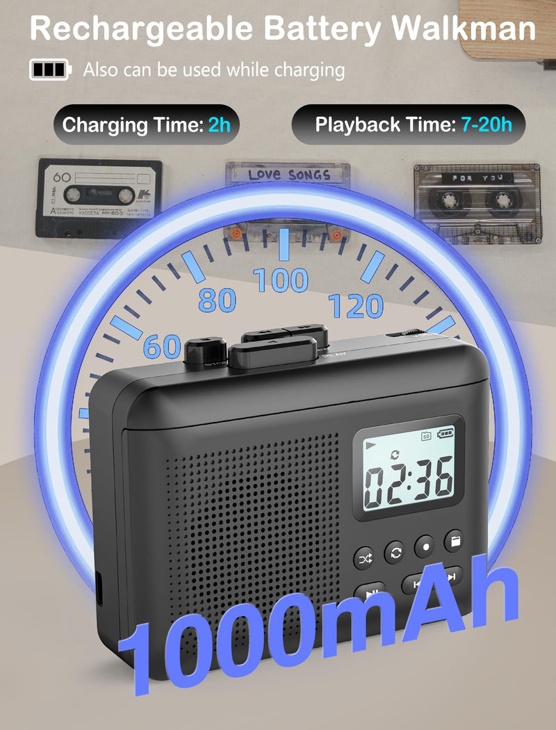 [AUSTRALIA] - Portable Cassette Player,Cassette to MP3 via SD Card, Walkman Cassette Tape Player with 1000mah Rechargeable Battery,Built-in Microphone&Speaker,Headphone Jack,16GB SD Card(Black) Black 