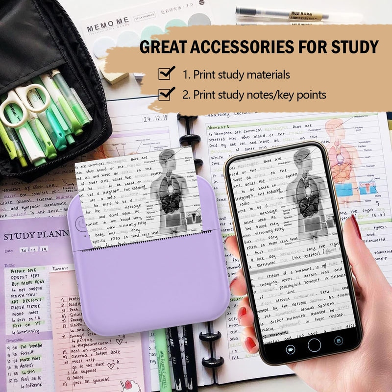 Mini Sticker Printer - Mini Pocket Printer for iPhone Thermal Printer with 10 Rolls Thermal Paper for Journal, Memo, Photo, Purple