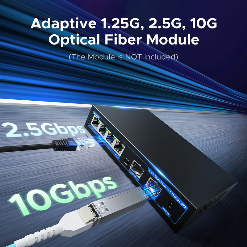 Network Ethernet Switch,2.5 Gigabit Portable, Plug&Play,Fanless Housing,Black, for Home/Office,4*2.5G with 2*10G SFP 6