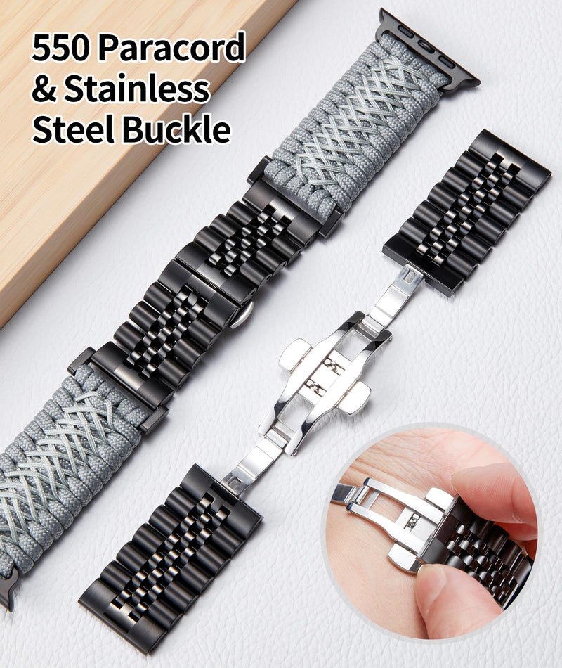 BINLUN Compatible with Apple Watch Band 49mm 46mm 45mm 44mm 42mm 41mm 40mm 38mm Braided Paracord Stainless Steel Sport Watch Strap Fit for iWatch Ultra Series 11/10/9/8/7/SE/6/5/4/3/2/1 for Men Women Gray-Black