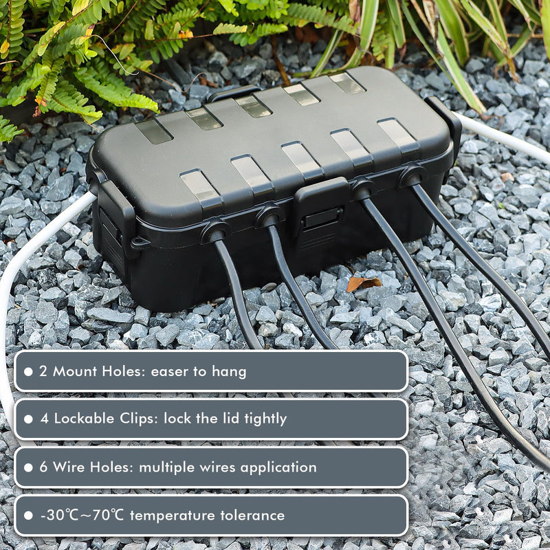 RESTMO Outdoor Electrical Box, IP54 Weatherproof Extension Cord Cover with 6 Cable Entry Ports, Waterproof Connection Box Protect Power Strip, Timer, Plug, Holiday Lights, (11.5x5.2x4 inch), Black 1 Pack