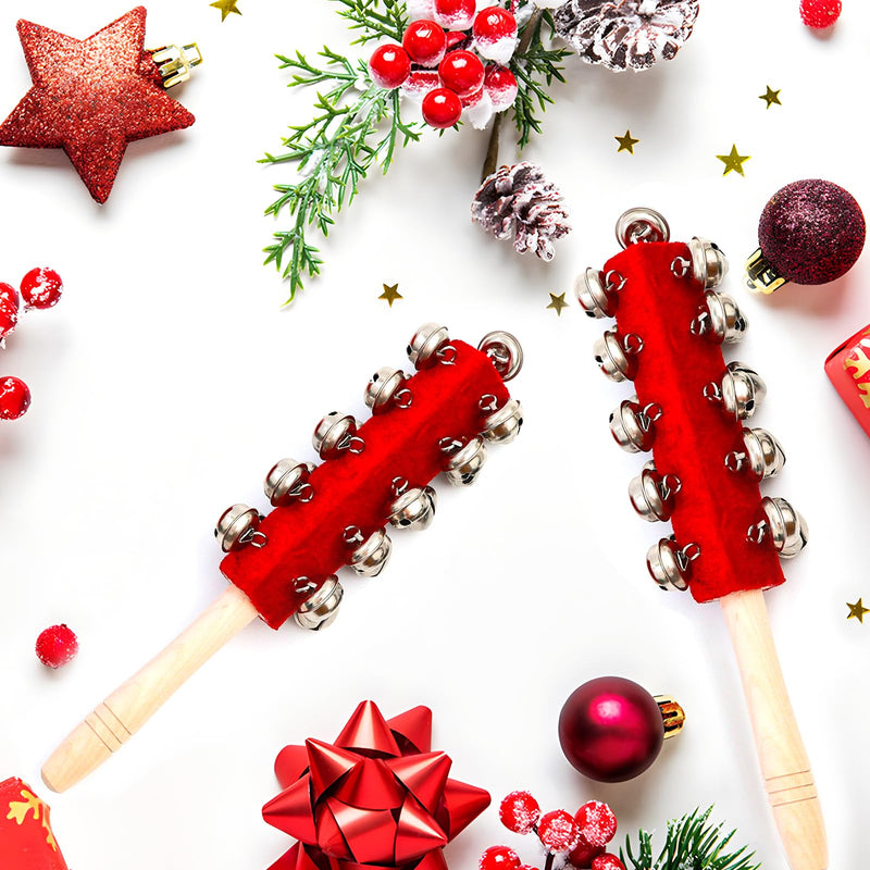 4 Pcs Christmas Sleigh Bells Wooden Handle Jingle Bells Instrument Musical Hand Bell Shaker Rattle Musical Percussion Instrument for Xmas Holiday Party (Red) Red