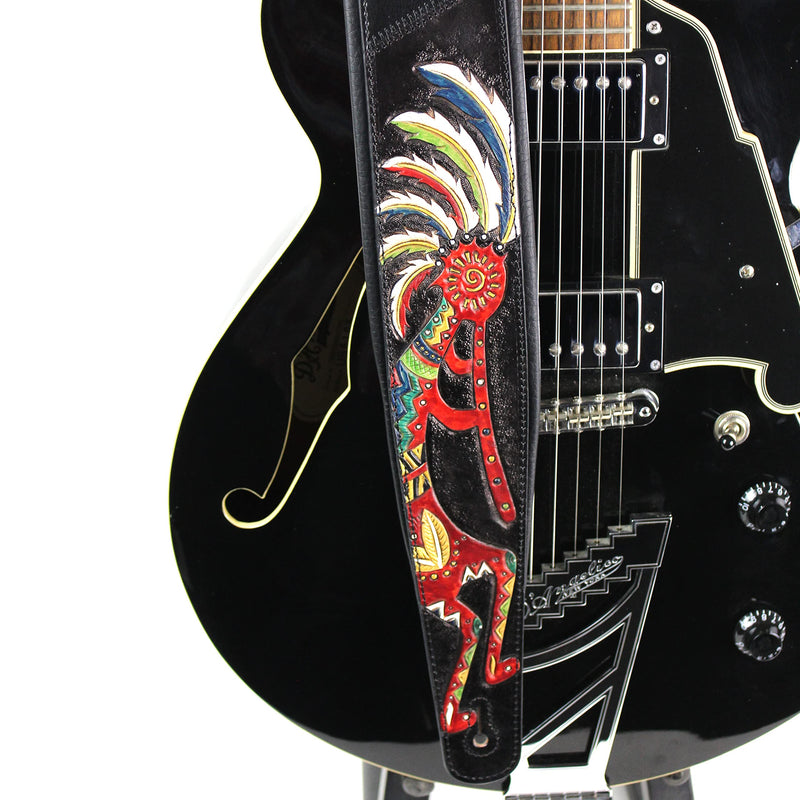 Walker And Williams KB-56-BLK Handmade 3" Wide Black Padded Guitar Strap With Carved Red Kokopelli Design On Premium Black Leather For Acoustic, Electric, And Bass Guitars