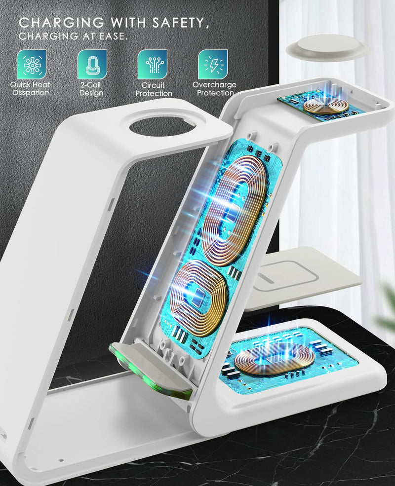 Wireless Charging Station, 3 in 1 Fast Desk Charging Station, Wireless Charger Stand for iPhone 15/14/13/12/11 Pro Max/X/Xs Max/8/8 Plus, AirPods 3/2/pro, iWatch Series 9/8/7/6/5/SE/4/3/2 White