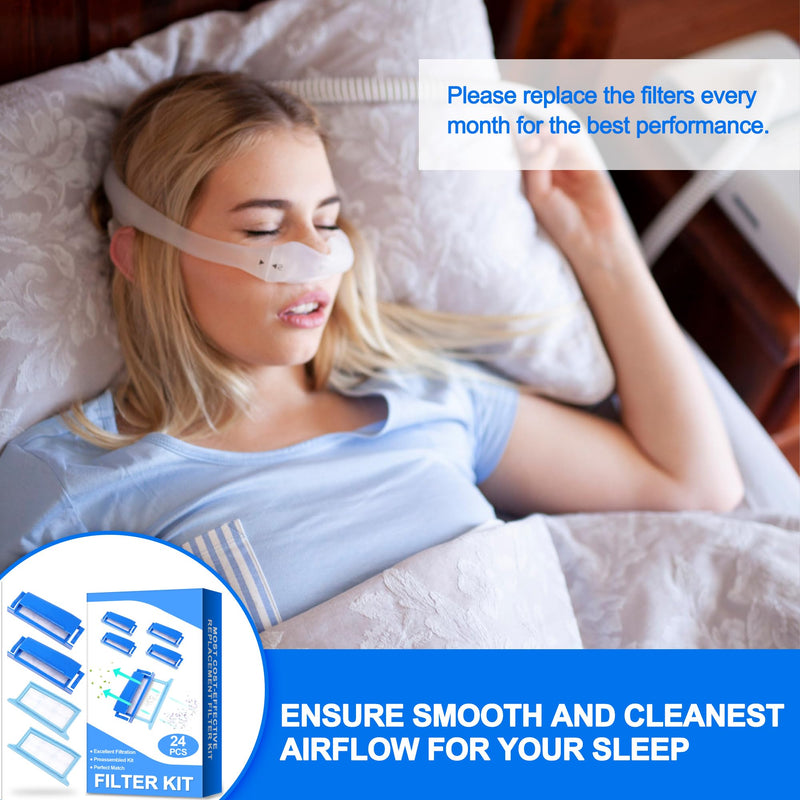 24 pieces filters compatible with Dream Station 1, contains 12 pre-assembled pollen filters and 12 ultra-fine filters, replacement CPAP filters provided by BlessEase