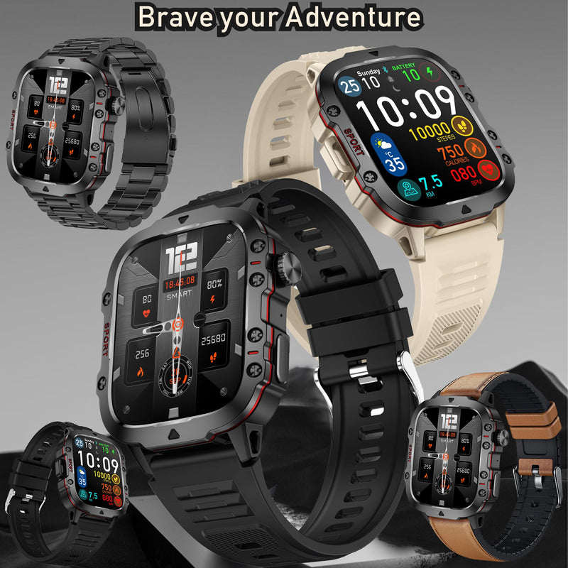 Military Smart Watch for Men(Answer/Dial Calls), 5ATM Waterproof Smartwatch Fitness Tracker for Android iPhone, 1.96" Activity Tracker with Heart Rate Sleep SpO2 Monitor, Calorie, 3 Straps (Brown) Brown