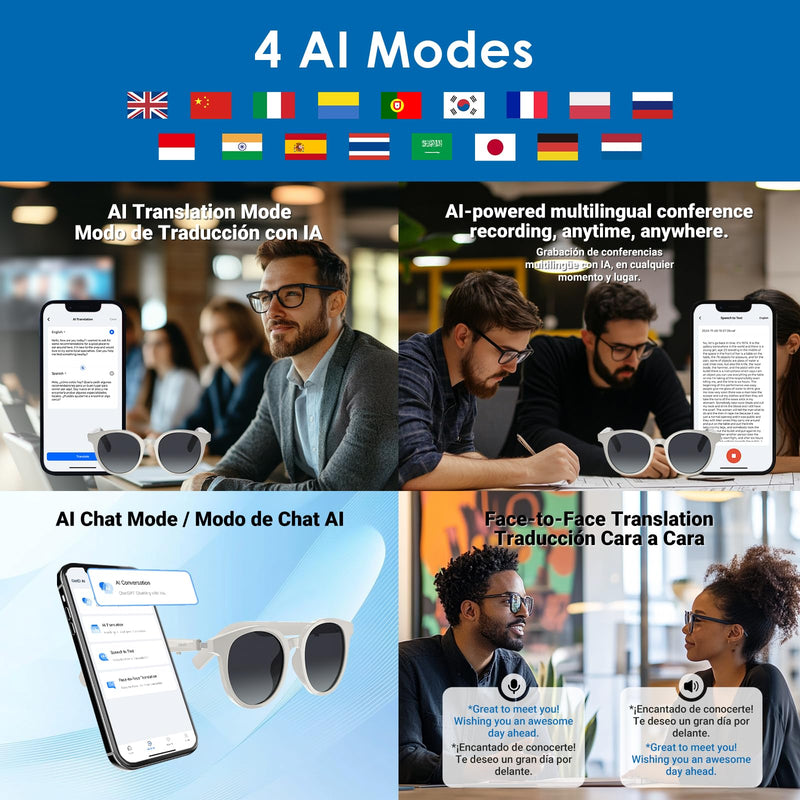 GetD AI Glasses for Men & Women, Low Bridge Fit, Smart Sunglasses Powered by ChatGPT with 74-Language Translation, Bluetooth 5.4, 11H Music/9H Call, UV400 & Polarized Lenses for Travel & Daily Use