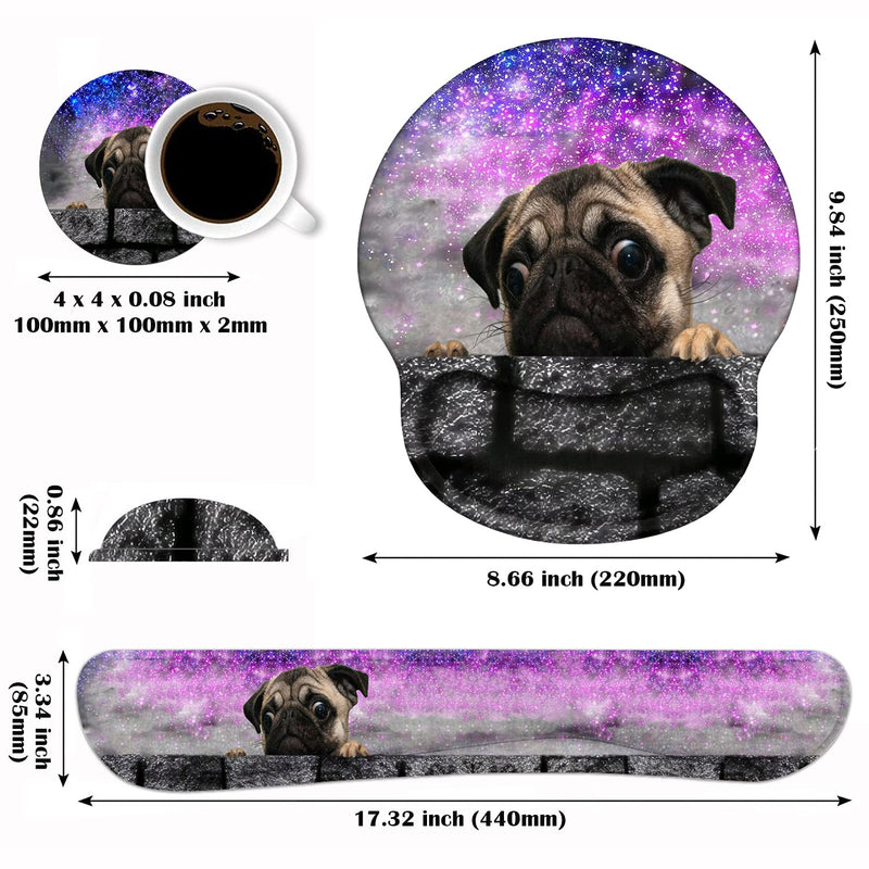 Keyboard Wrist Rest and Mouse Pad Wrist Support Set with Coasters, Non-Slip PU Base Ergonomic Gaming Mousepad for Home Office Working Studying Easy Typing & Pain Relief - Cute Pug