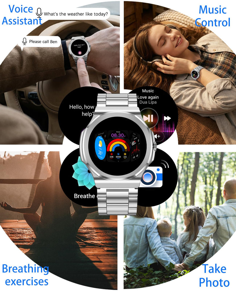 Smart Watches for Men Women,Fitness Tracker with Bluetooth Calling | 1.27" HD Screen,Heart Rate/Sleep Monitor/100+ Sport Modes,Stainless Steel & Silicone Band,Compatible with Android & IOS Silver