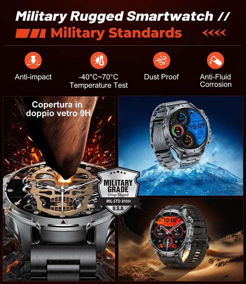 Militrary Smart Watch for Men,1.85" HD/800mAh Battery Smart watches for Android/iOS (Bluetooth Call Answer/Calls)Fitness Tracker,100+ Sports/LED Flashlight/IP68 Waterproof/Sleep Tracker Smartwatch Black