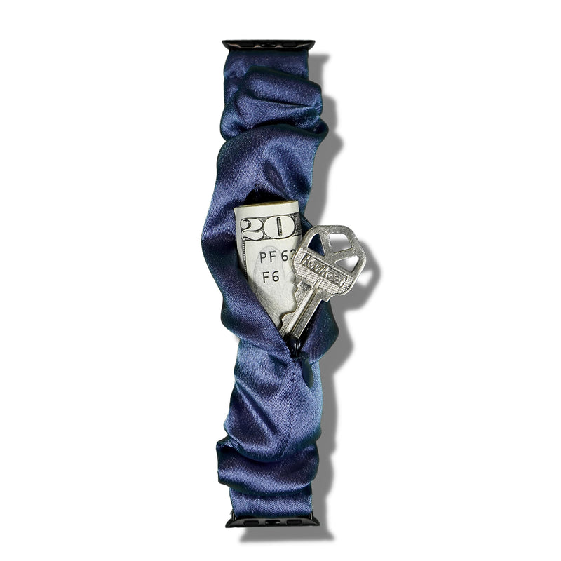 Compatible for Apple Watch Band Scrunchie with Zipper Pocket Storage for Cash, Keys, Chapstick, 38mm 40mm 41mm 44mm 45mm for iWatch Series 9 8 7 6 5 4 3 2 1 SE, 1 Pack 38/40/41 mm Satin Blue
