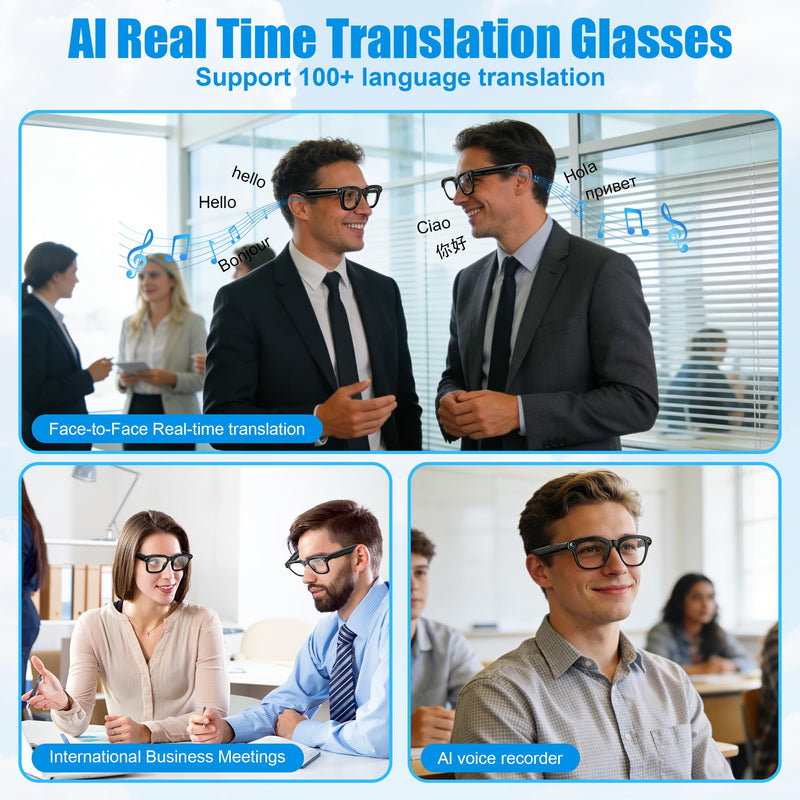 AI Smart Glasses with Camera, 8MP HD Camera Glasses for Women Men, Video Recording Sunglasses with Voice Assistant, Open-Ear Audio, Real-Time Translation for Life &Work Vlog, Black(3 Lenses)