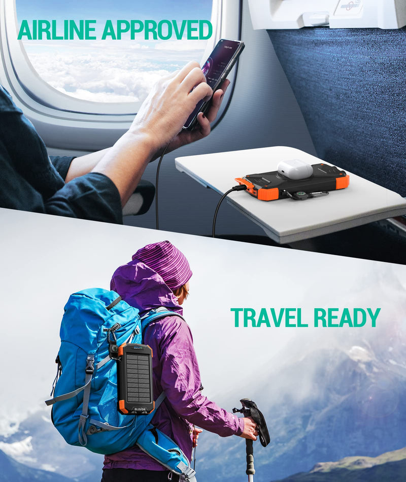 [AUSTRALIA] - BLAVOR Solar Power Bank 10,000mAh, Portable Wireless Charger, 20W Fast Charging External Battery Pack with USB C for Cell Phones, Solar Panel Charging with Dual Flashlight for Camping Orange 