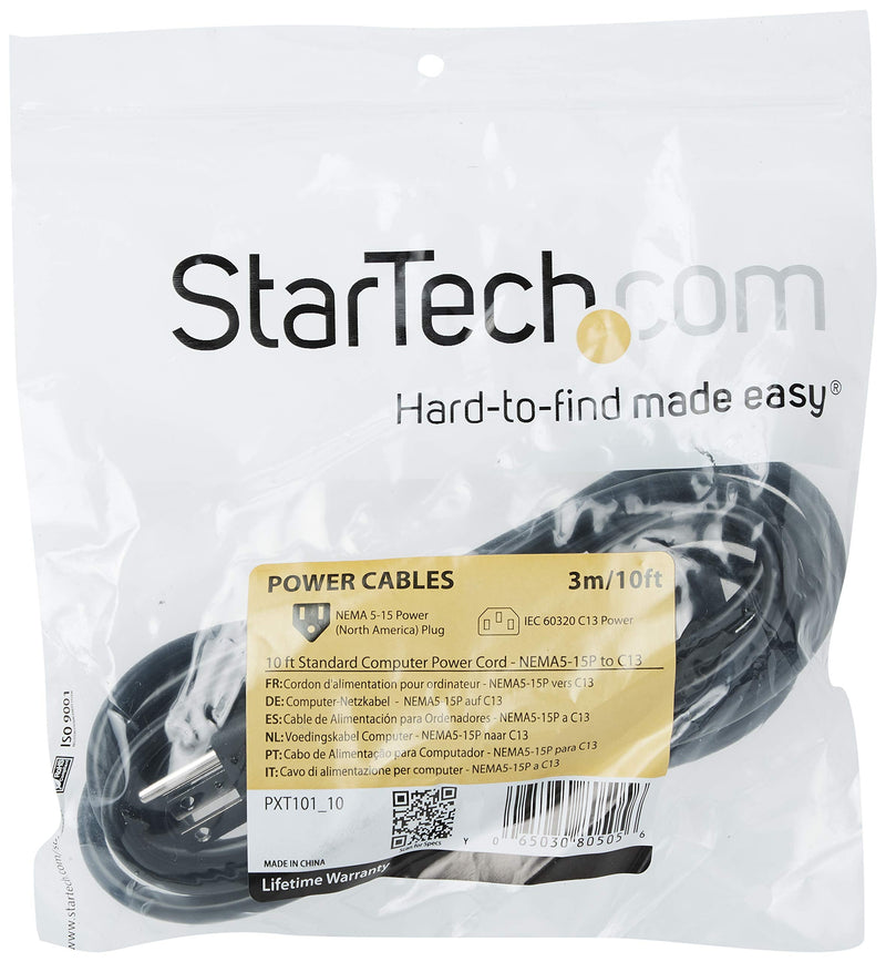 StarTech.com 10 Ft Standard Computer Power Cord (NEMA 5-15P to IEC 320 C13) - 18 AWG Replacement AC Power Cable for PC or Monitor - 125V, 10A (PXT101_10) 10 ft/3 m 1 Pack