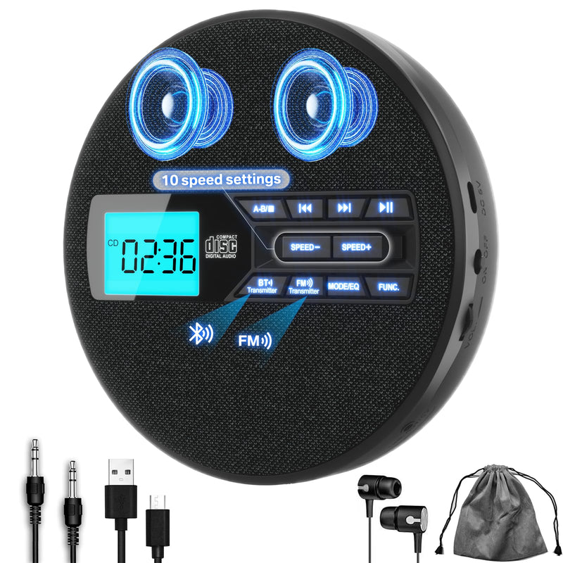 [AUSTRALIA] - Portable CD Player with Dual Bluetooth, Discman for Car with FM Transmitter, Rechargeable, Dual Speakers and Anti Skip,USB,AUX,LCD Display,Backlit Button,Repeat,10 Speeds Black 