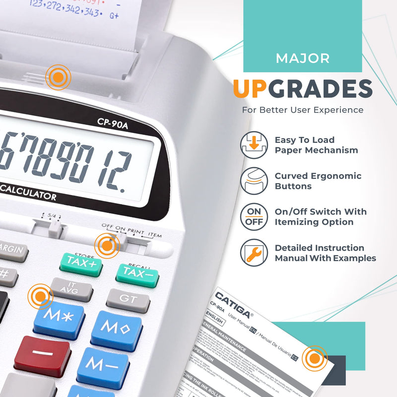 CATIGA Printing Calculator with Tape Print Out - 10 Key Adding Machine with Paper Roll, Desktop Electric Calculator for Accounting, Business, Finance, Home Office Use CP90A 3) Silver Pro
