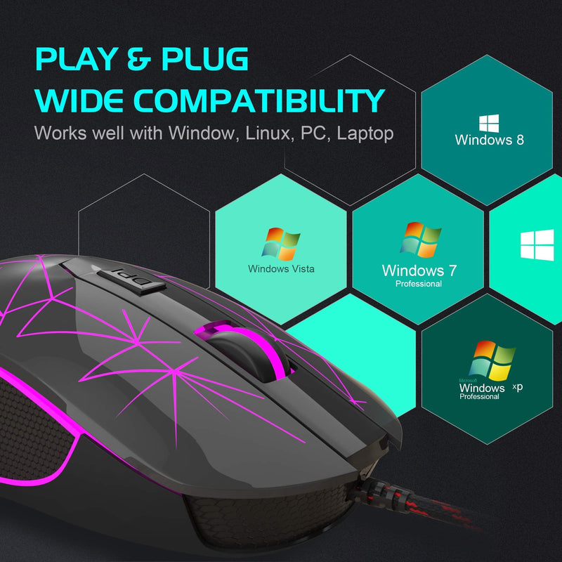 MageGee G6 Wired Gaming Mouse, Ergonomic USB Optical Mouse with 7 Colors Breathing LED Backlit, 6 Adjustable DPI Levels from 600 to 3200 for Laptop PC Computer Games & Work, Black