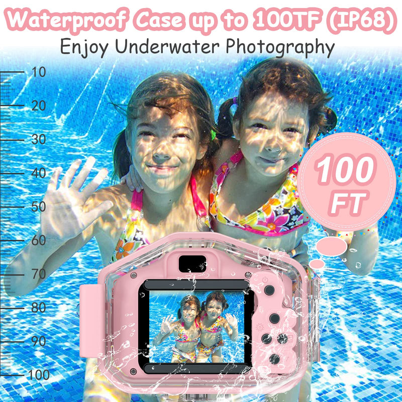 [AUSTRALIA] - Kids Waterproof Camera for Girls, Christmas Birthday 3-12 Year Old Boys Toddler Toys Gifts, Mini Underwater Children HD Digital Action Cameras, 2 Inch IPS Screen with 32GB Card (Pink) Pink 