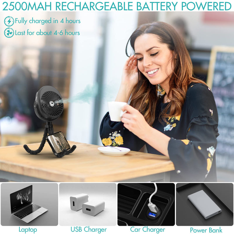 Misting Stroller Fan, 2500mAh Battery Powered Personal Desk Air Circulator Fan with Flexible Tripod, Ultra Quiet 3 Speed 270° & 360° Rotatable USB Fan for Stroller Office Camping Hurricane Outage,Black Black