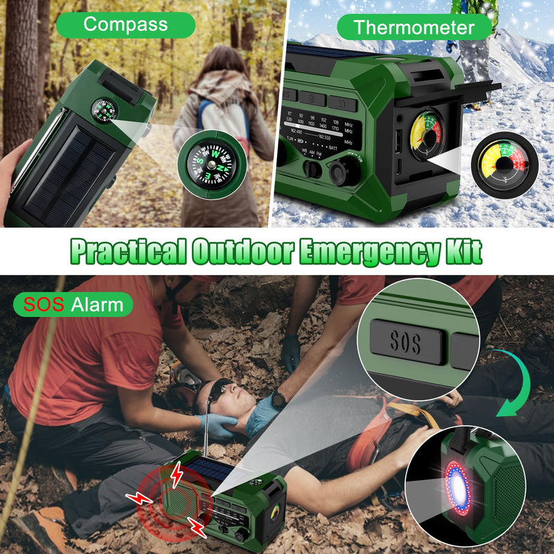 10000mAh Emergency Hand Crank Radio with LED Flashlight, AM/FM NOAA Portable Weather Alert Radio, Solar Powered Radio with Phone Charger, USB Charged, Headphone Jack, SOS Alarm, Compass for Outdoors