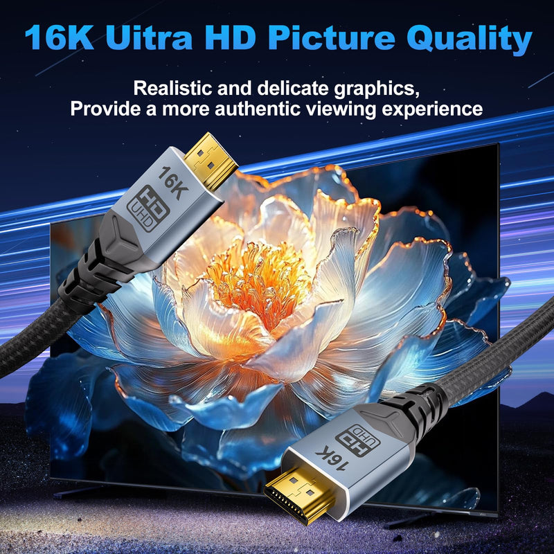 16K 10K 8K HDMI 2.2 Cable 16FT/5M, 96Gbps Ultra High Speed Hdmi Braided Cord Support 16K@60Hz 8K@240Hz 4K@480Hz, HDCP 2.2 & 2.3, HDR 10,eARC, DTS:X, for Roku TV/PS5/Blu-ray, Home Theater