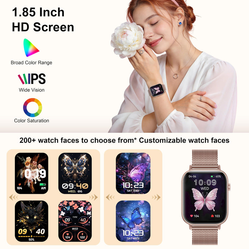 Smart Watch for Women (Answer/Make Call), 1.85" HD Touch Screen Fitness Tracker with 4 Bands, 120+ Sports Modes, IP68 Waterproof, Heart Rate & Sleep Monitor, Gift Smartwatch for Android/iOS, 300mAH