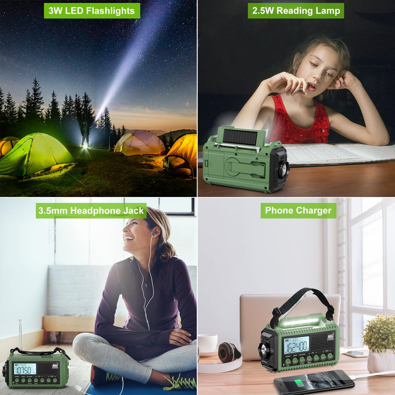 [AUSTRALIA] - Raynic Emergency Radio, 12000mAh/44400mWh Battery Operated Weather Radio, Solar Hand Crank Radio with AM/FM/SW/NOAA Alert, Cell Phone Charger, Type-C Charging, Flashlight and SOS Siren Olive-Green-LCD Display 