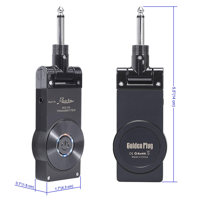 Rowin 2.4G Guitar Wireless System Transmitter Receiver for Electric Guitar Bass Violin with Rechargable Battery, USB Cable (Full Black) Full Black