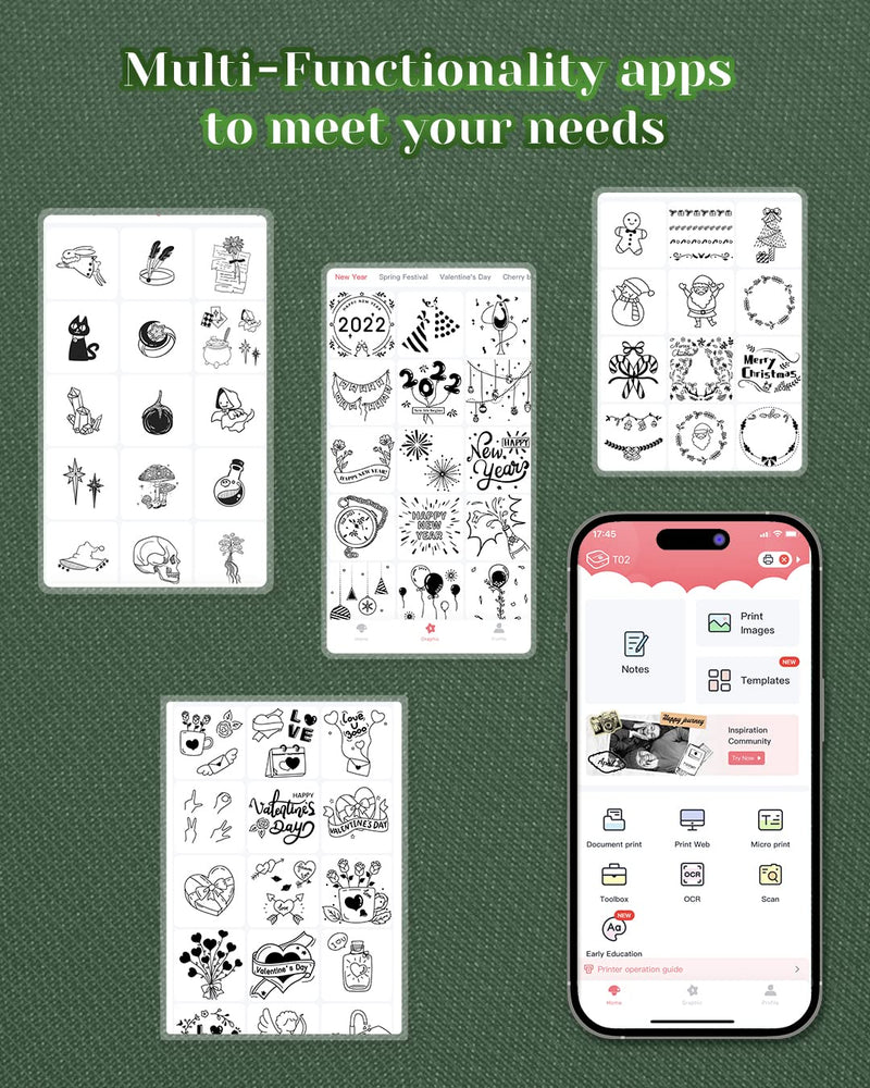 [AUSTRALIA] - Memoqueen Mini Sticker Printer T02 Pocket Portable Bluetooth Thermal Printer with 3 Rolls Paper for Journal, Memo, Photo, DIY Scrapbook, Travel, Children Gifts, Compatible with iOS & Android, Green 1 Printer & 3 Rolls Paper 