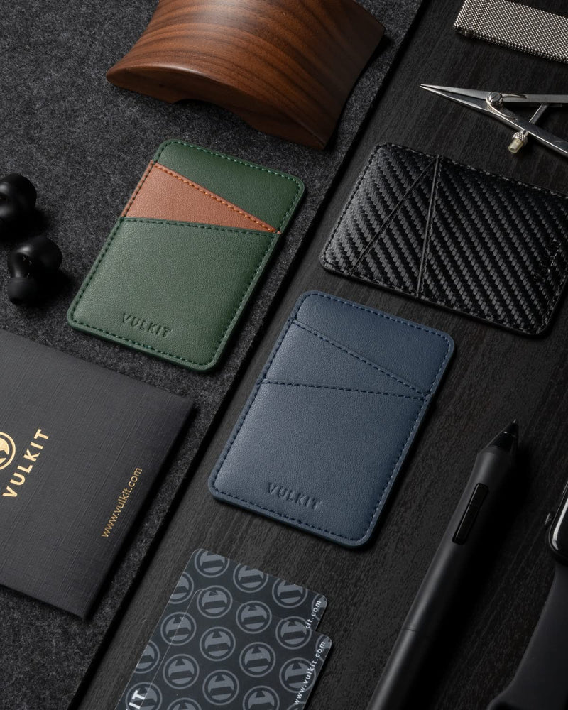 VULKIT Phone Card Holder Wallet Leather Adhesive Pocket RFID Blocking Credit Card Sleeves Stick Back of Phone Smartphones Green