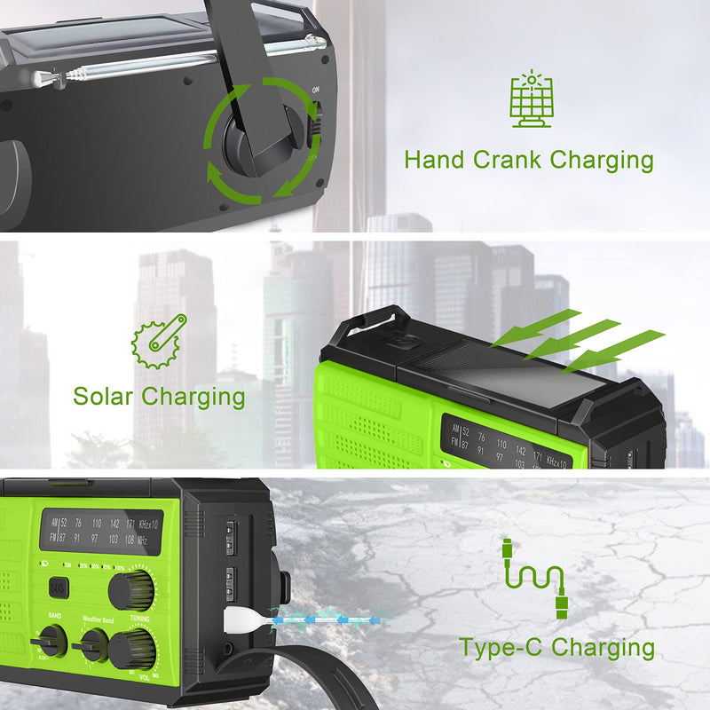 Emergency Weather Radio,8000mAh AMFM NOAA Weather Alert Radio,Solar Hand Crank Powered Radio with Super Bright Flashlight,Phone Charger,SOS Alarm,Compass for Survival, Hurricane,Outdoor, Emergency Green