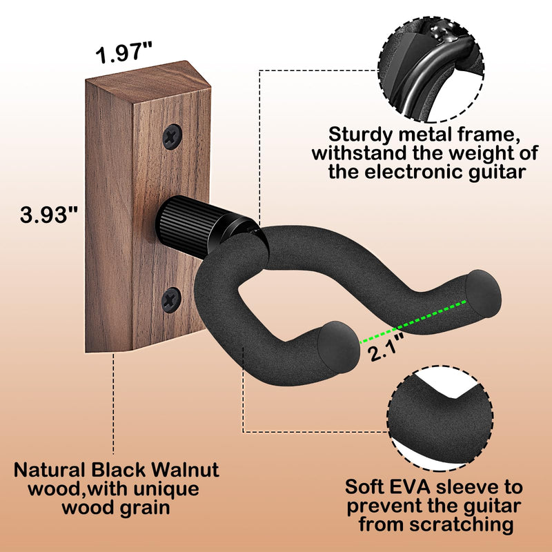 DOMMI Guitar Wall Mount 3 Pack, Wooden Guitar Hanger, Guitar Accessories Guitar Holder with Soft U-Shaped Guitar Hook, Guitar Wall Hangers for Acoustic Guitar, Electric Guitar, Bass, Black Walnut