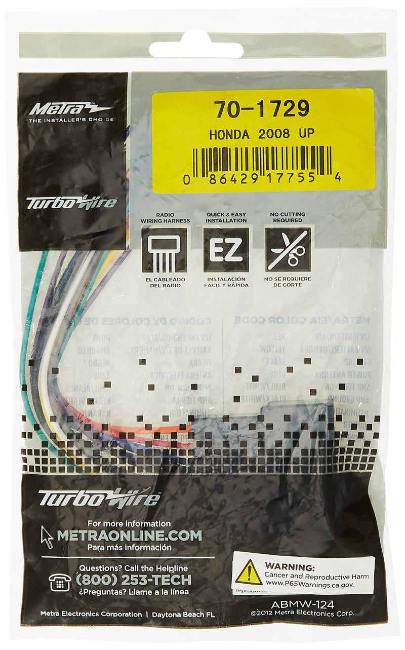 [AUSTRALIA] - Metra 70-1729 Radio Wiring Harness for Honda 2008-Up, Grat/Multi Color Standard Packaging 
