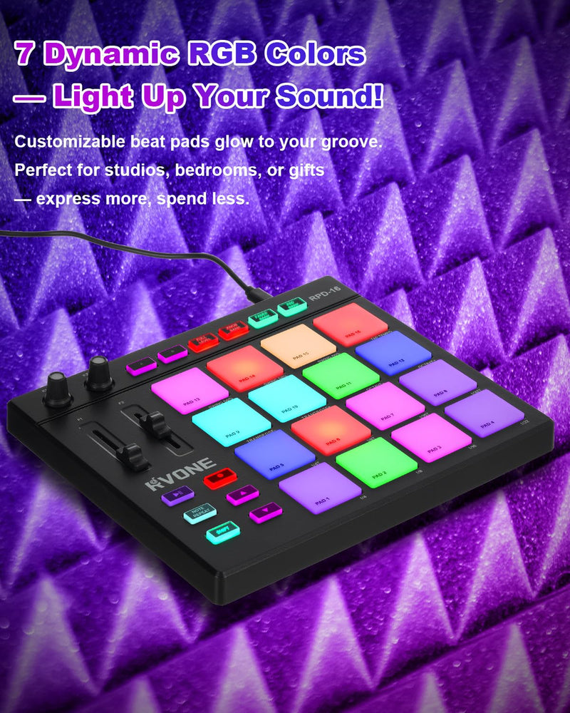 USB MIDI Pad Controller with 16 Velocity Senstive Drum Pads| 7 RGB Lights & DAW Control| 2 Assignable Knobs & Faders| Drum Machine with Note Repeat & Full Level| Plug & Play| Beat Maker Beginner