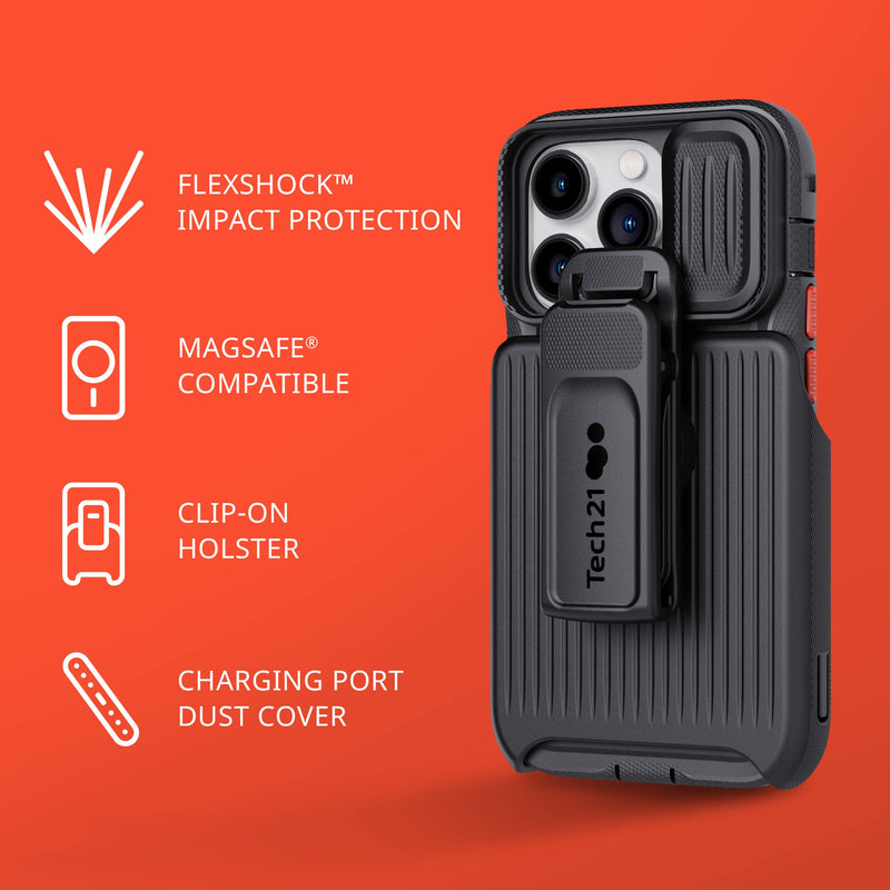 Tech21 iPhone 14 Pro Evo Max Compatible with MagSafe – Durable, Shock-Absorbing and Rugged Phone Case with Holster and 20ft FlexShock Multi-Drop Protection, Black