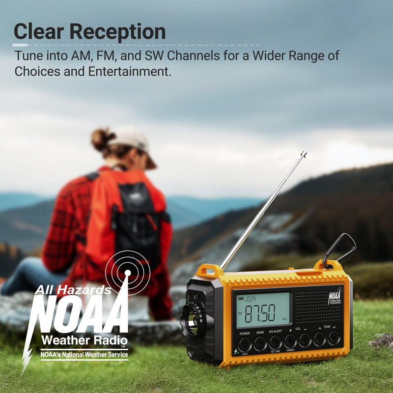 Mesqool 12000 Emergency Radio, Auto Digital Weather Radio NOAA/AM/FM/SW Battery Backup Crank with Flashlight Phone Charger, Portable Solar Powered Radio Backlit LCD Display, SOS Yellow/Black